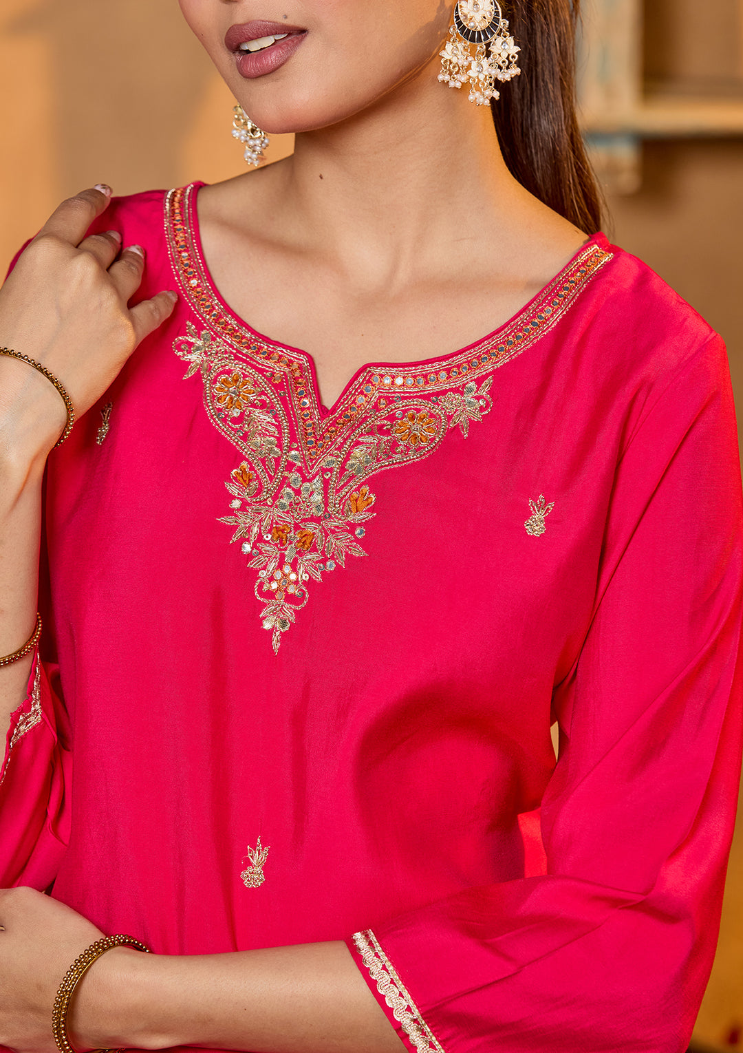 Rani Pink Soft Raw Silk Gold Zariwork Straight Kurta With Pant Regular And Dupatta