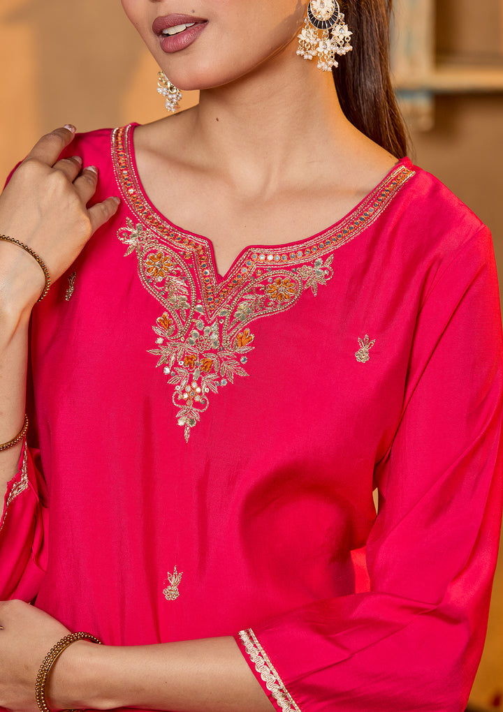 Rani Pink Soft Raw Silk Gold Zariwork Straight Kurta With Pant Regular And Dupatta