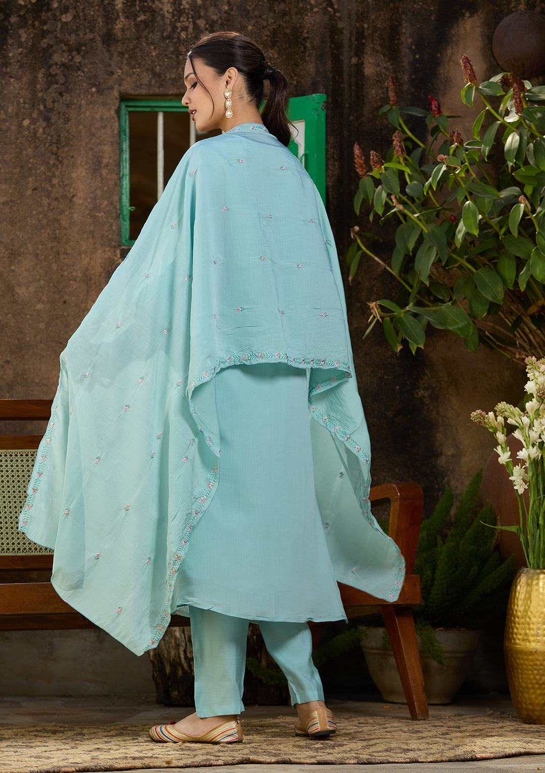 Sky Blue Chanderi Threadwork Straight Kurta With Pant Regular And Dupatta