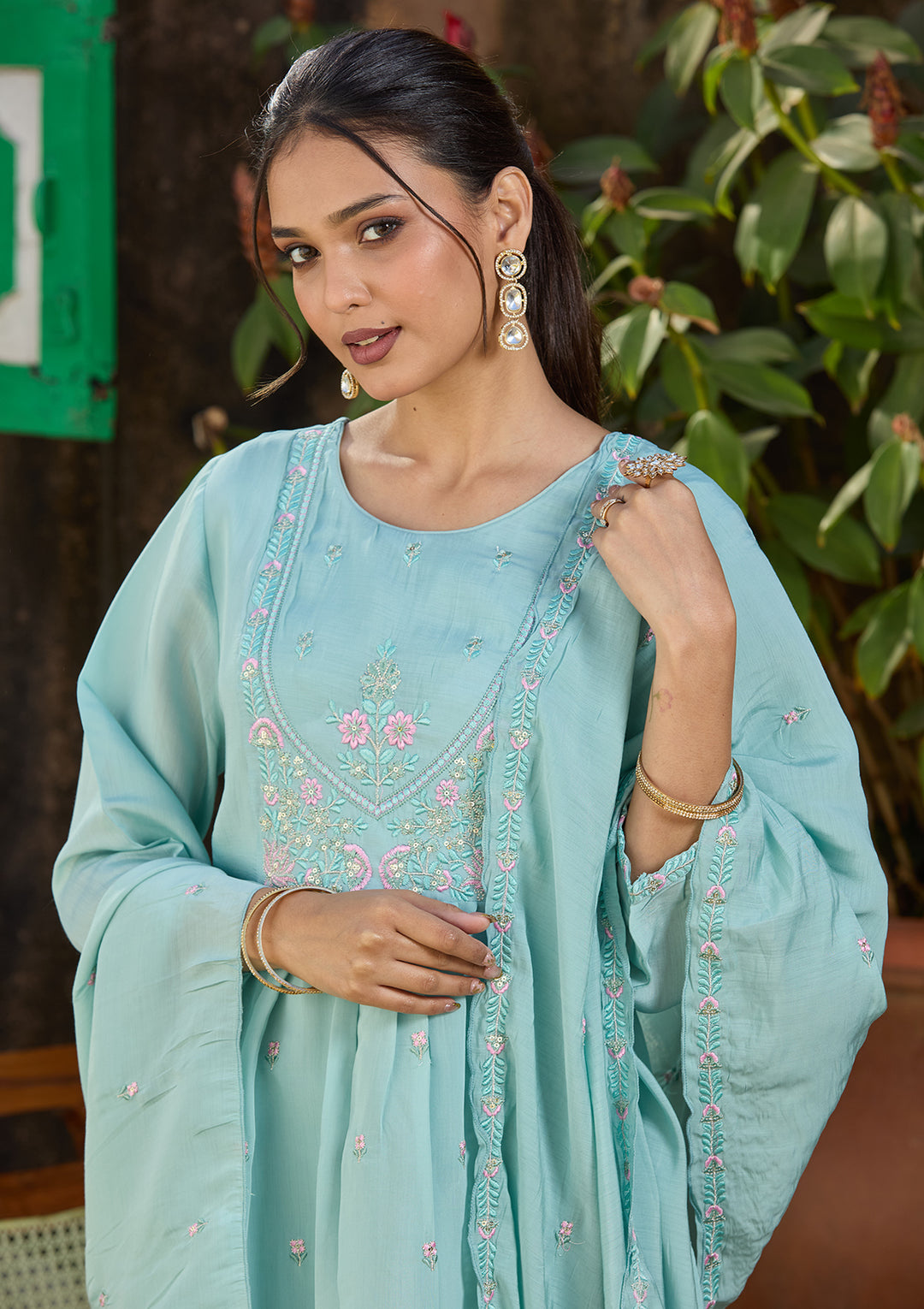 Sky Blue Chanderi Threadwork Straight Kurta With Pant Regular And Dupatta
