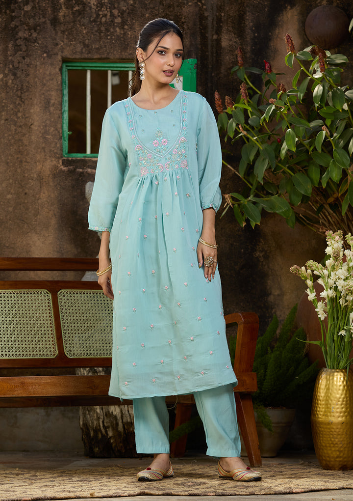 Sky Blue Chanderi Threadwork Straight Kurta With Pant Regular And Dupatta