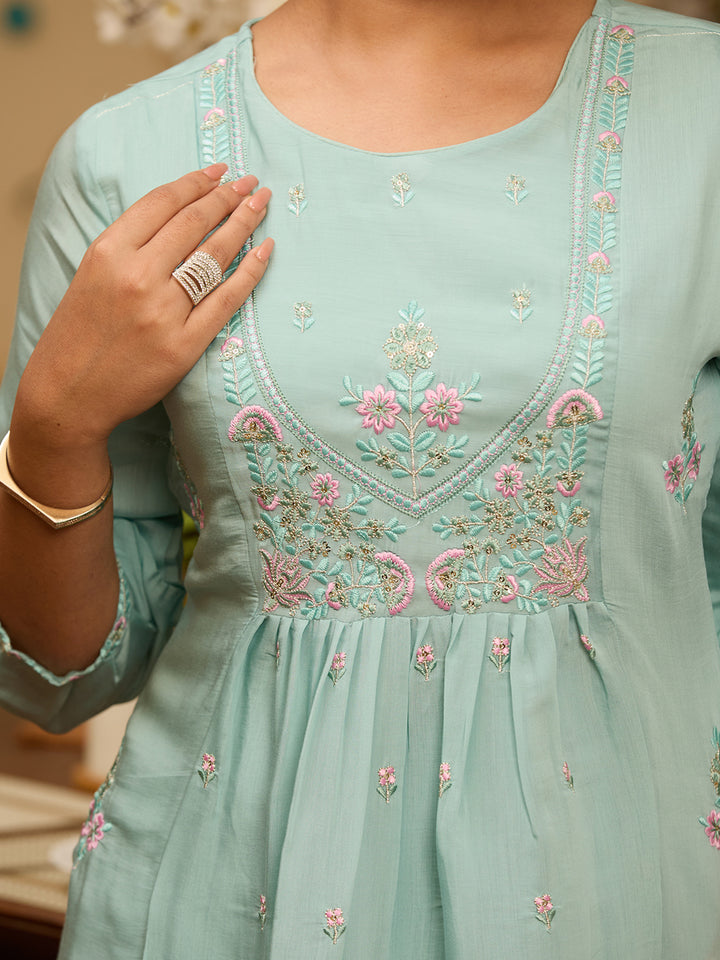 Sky Blue Threadwork Chanderi Readymade Salwar Suit