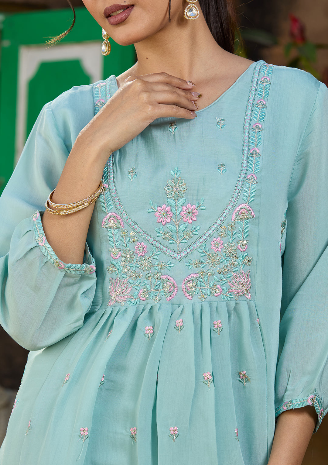 Sky Blue Chanderi Threadwork Straight Kurta With Pant Regular And Dupatta