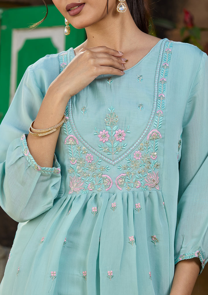 Sky Blue Chanderi Threadwork Straight Kurta With Pant Regular And Dupatta