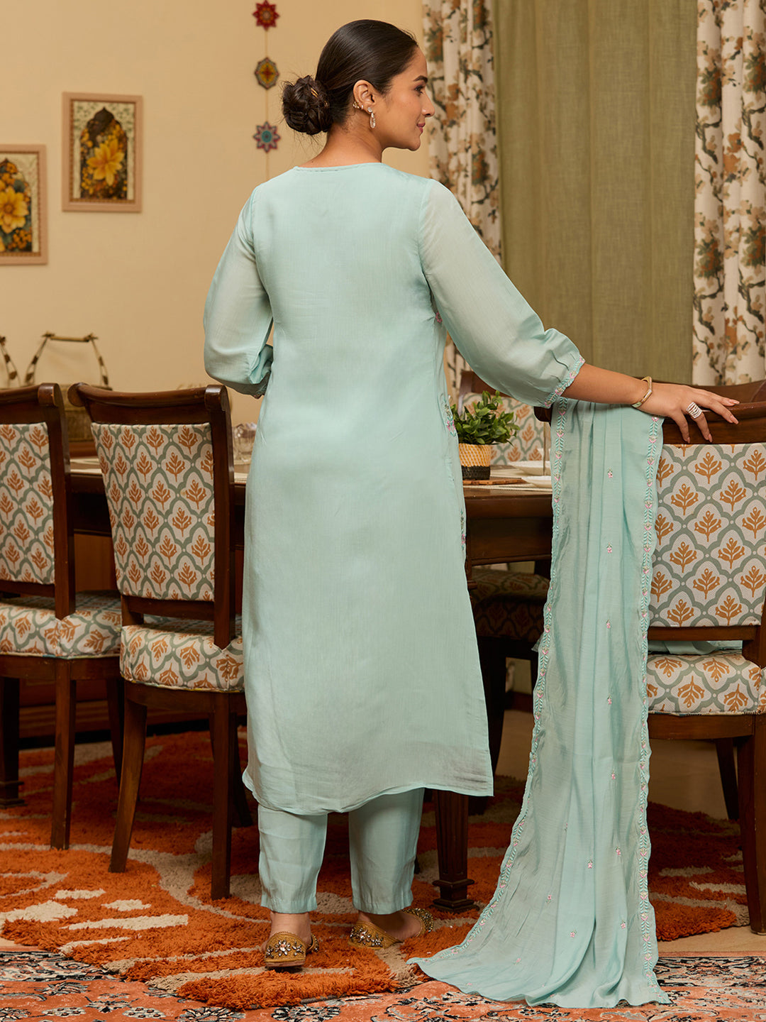 Sky Blue Threadwork Chanderi Readymade Salwar Suit