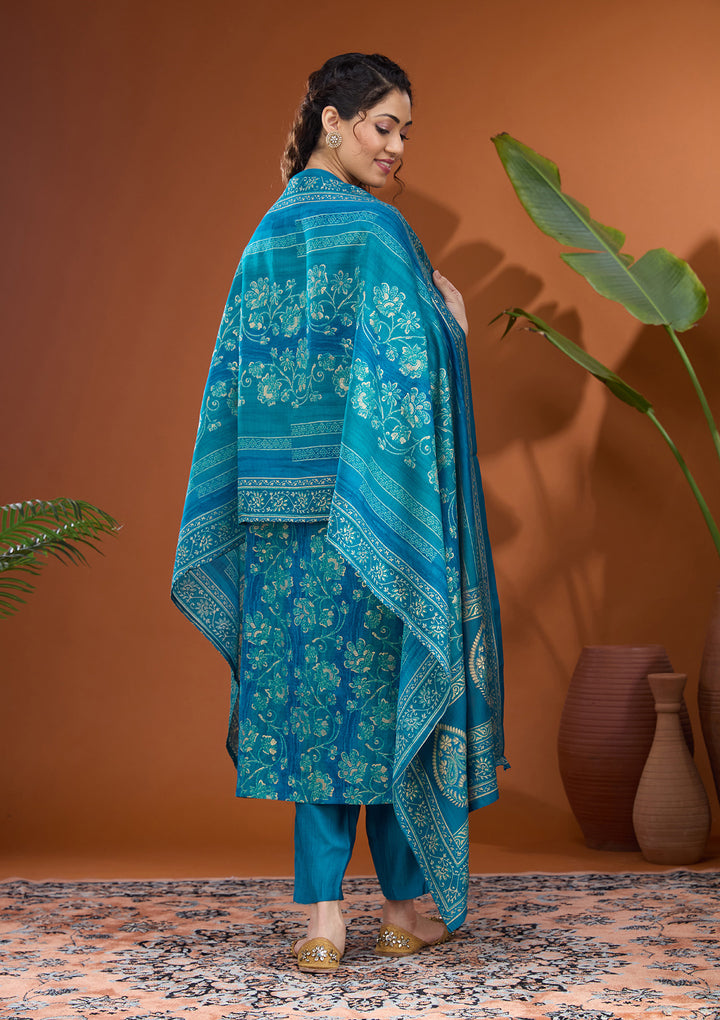 Blue Threadwork Chanderi Readymade Salwar Suit