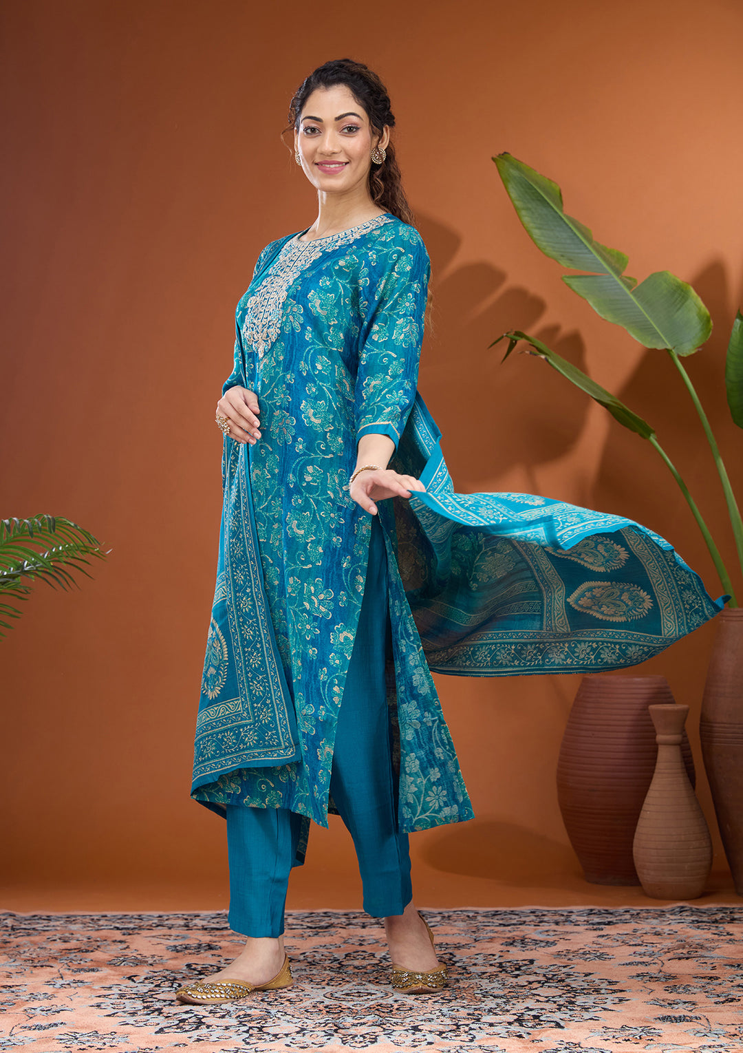 Blue Threadwork Chanderi Readymade Salwar Suit