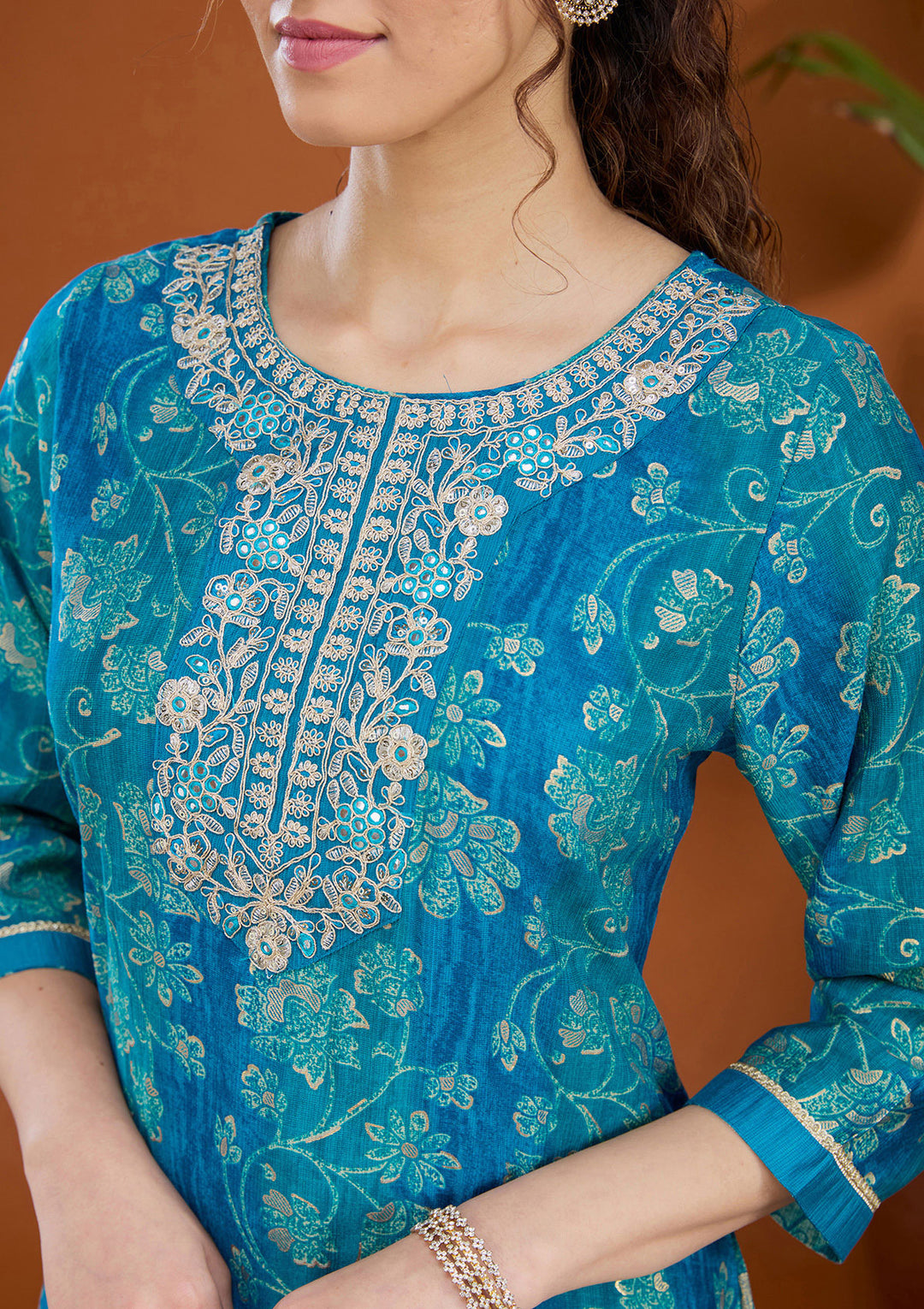 Blue Threadwork Chanderi Readymade Salwar Suit