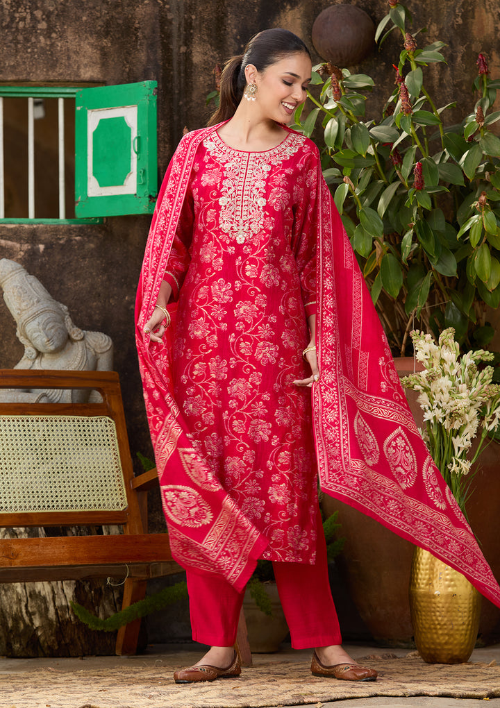 Rani Pink Chanderi Floral Threadwork Straight Kurta With Pant Regular And Dupatta