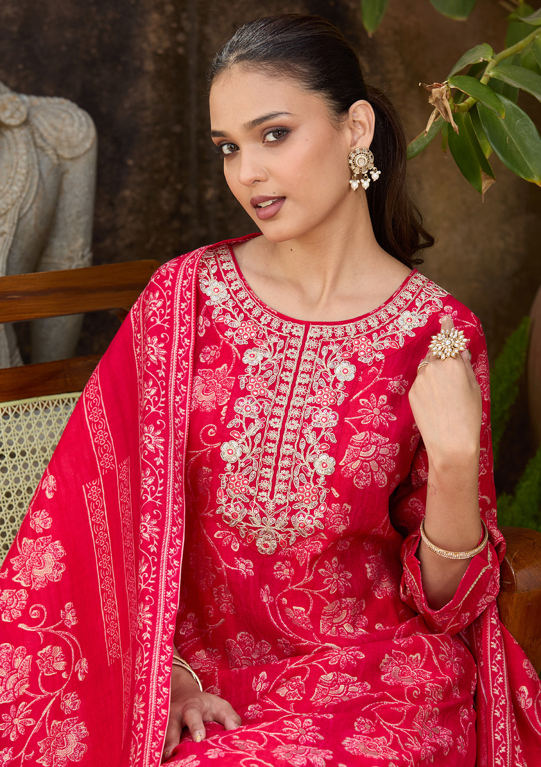 Rani Pink Chanderi Floral Threadwork Straight Kurta With Pant Regular And Dupatta