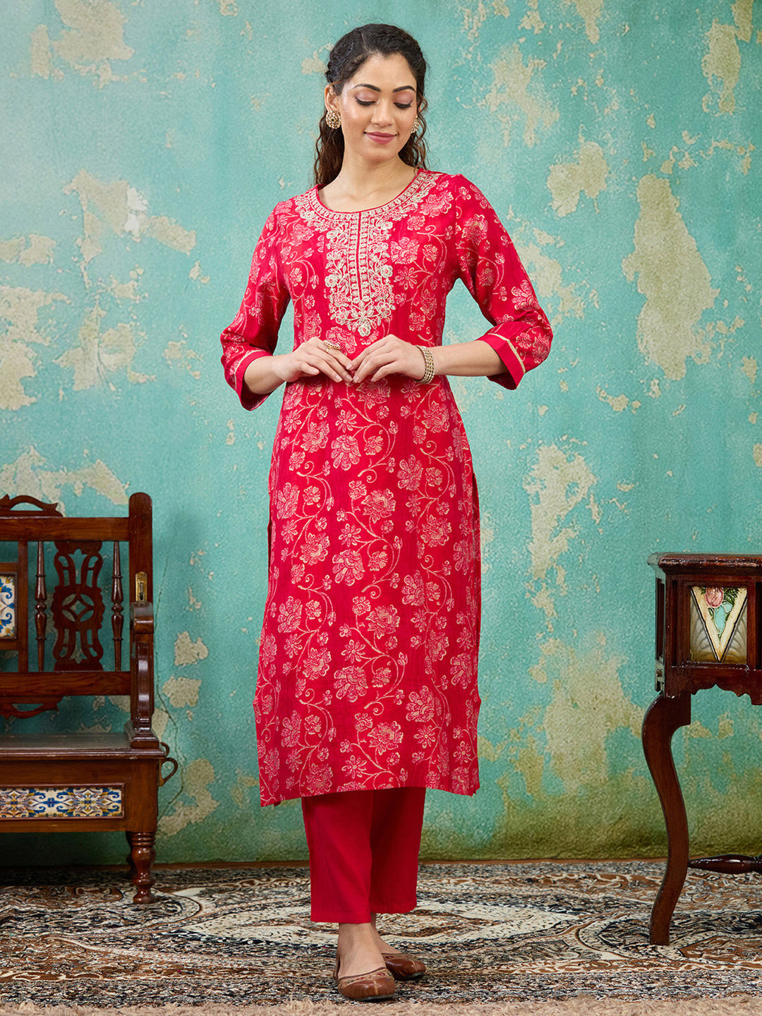 Rani Pink Threadwork Chanderi Readymade Salwar Suit