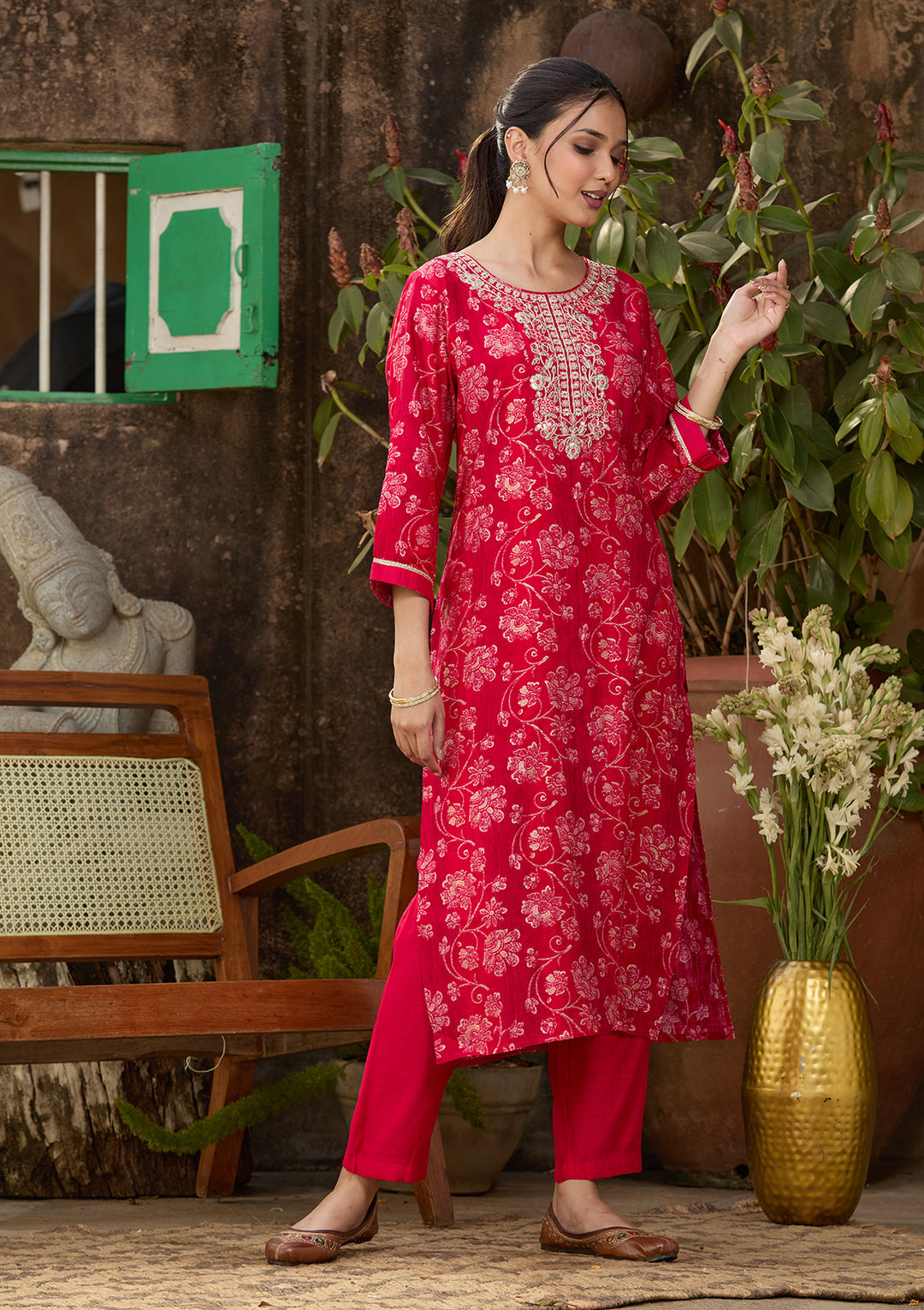 Rani Pink Chanderi Floral Threadwork Straight Kurta With Pant Regular And Dupatta