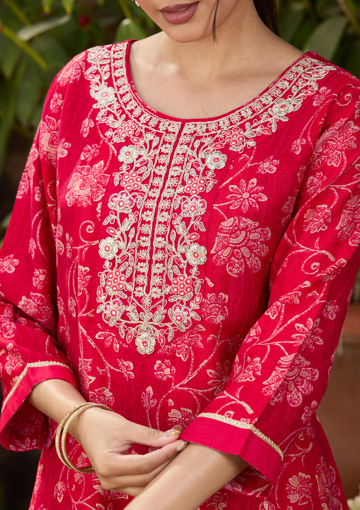 Rani Pink Chanderi Floral Threadwork Straight Kurta With Pant Regular And Dupatta