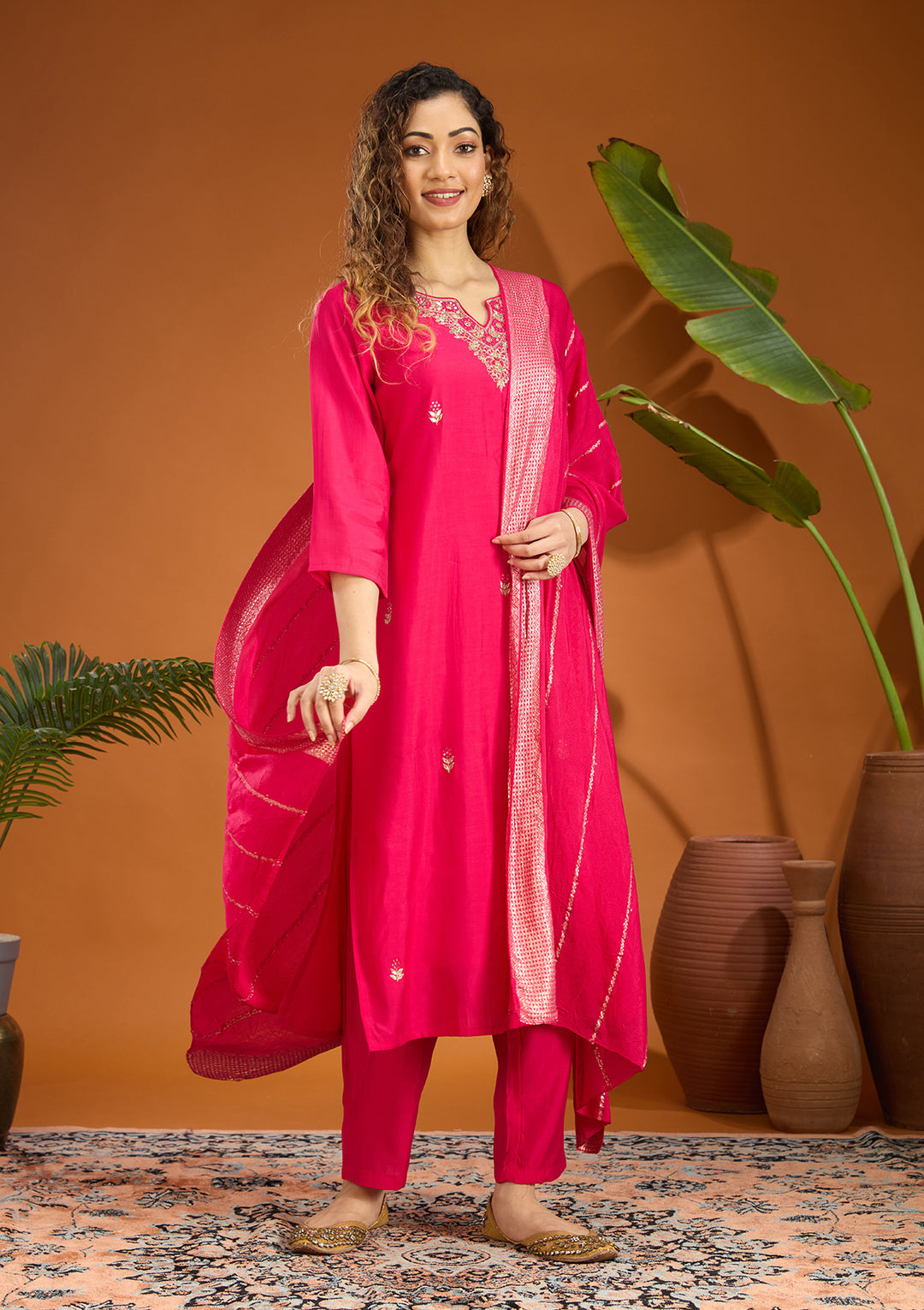 Pink Threadwork Chanderi Readymade Salwar Suit
