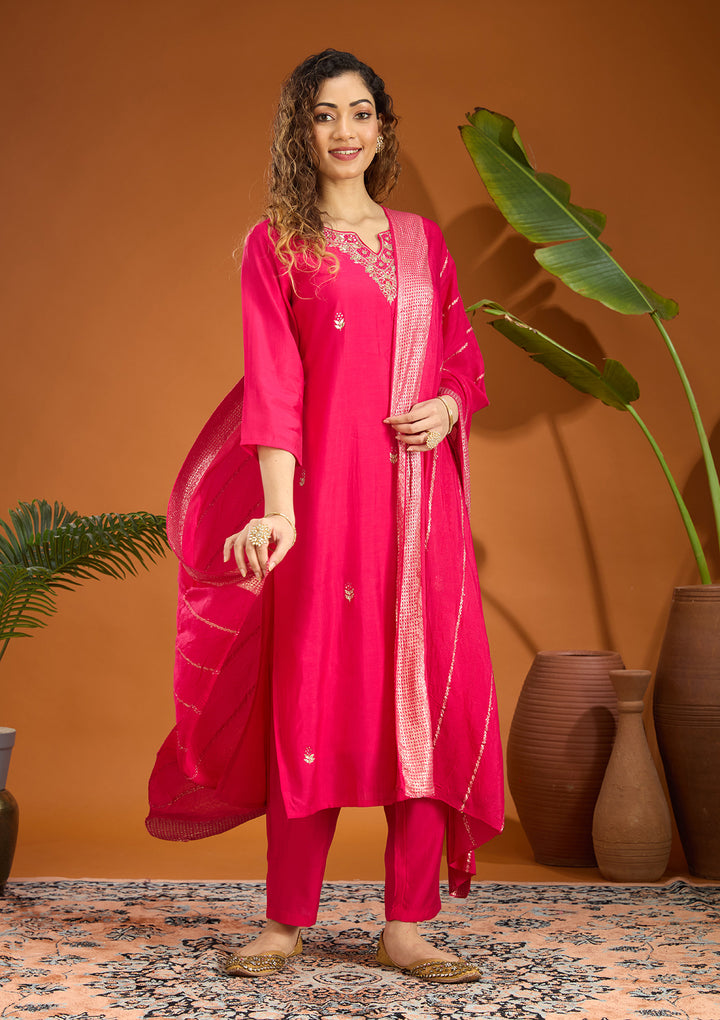 Pink Threadwork Chanderi Readymade Salwar Suit