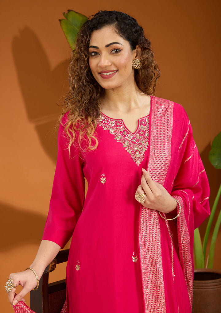 Pink Threadwork Chanderi Readymade Salwar Suit