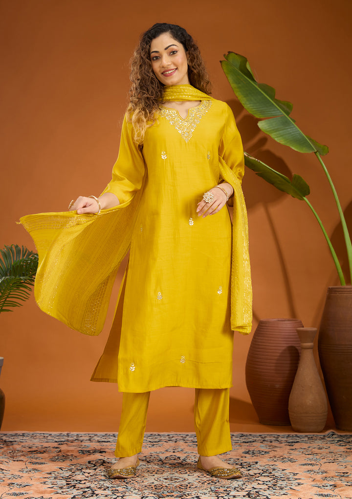 Yellow Zariwork Soft Raw Silk Readymade Salwar Suit