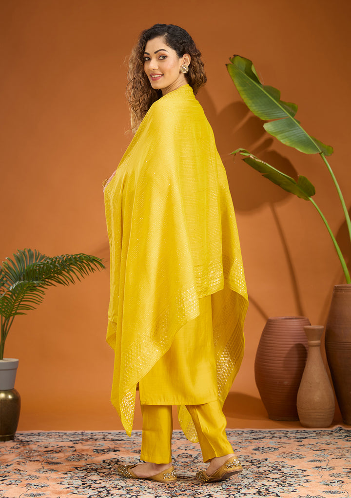 Yellow Zariwork Soft Raw Silk Readymade Salwar Suit