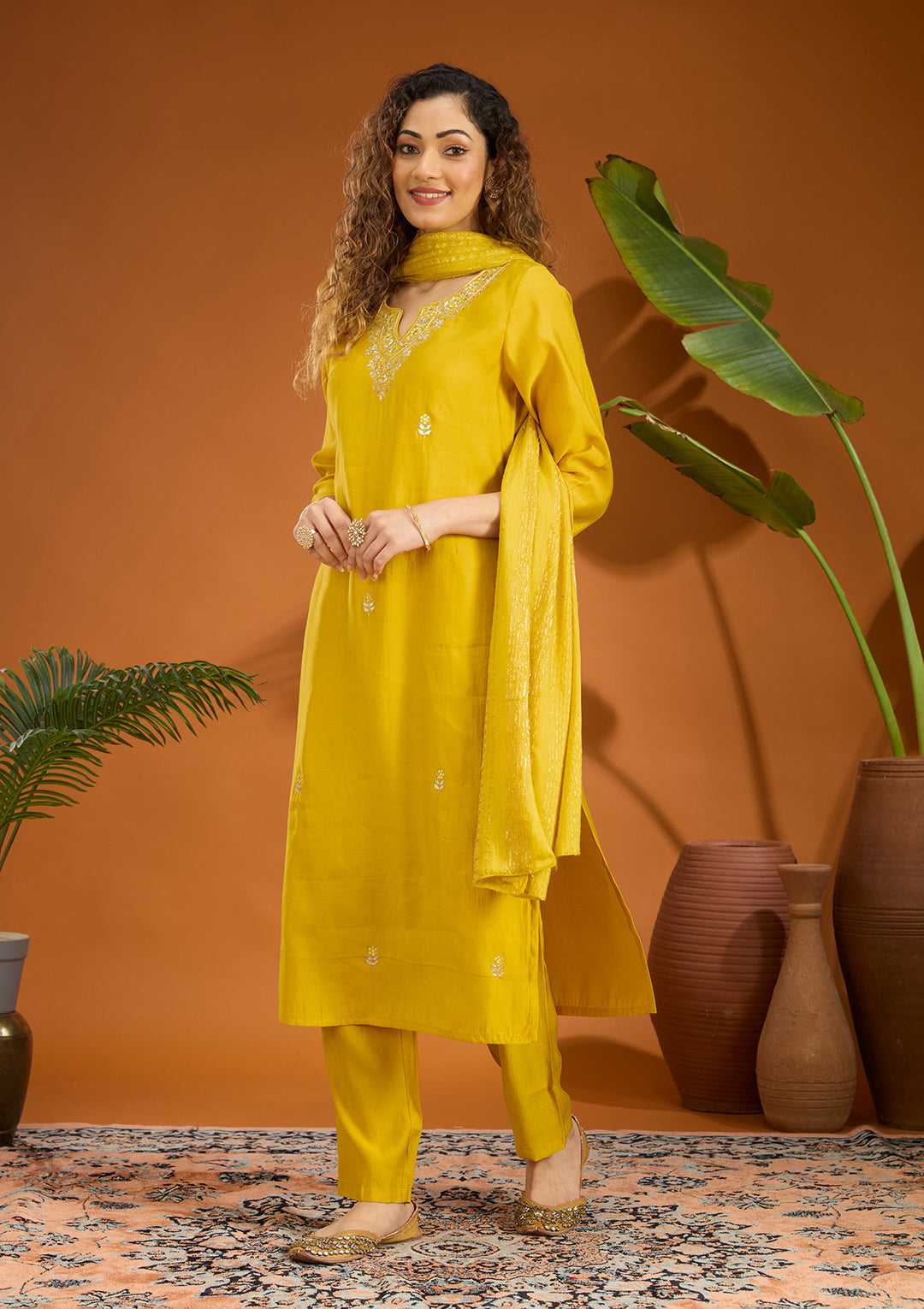 Yellow Zariwork Soft Raw Silk Readymade Salwar Suit