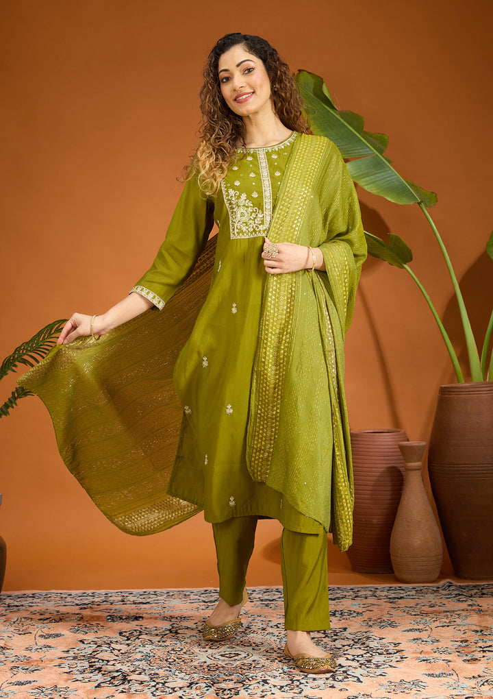 Mehandi Green Cutdana Chanderi Readymade Salwar Suit