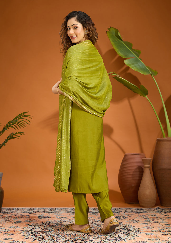 Mehandi Green Cutdana Chanderi Readymade Salwar Suit