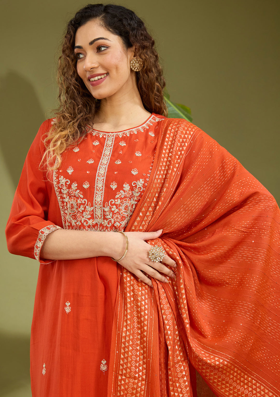 Rust Cutdana Chanderi Readymade Salwar Suit