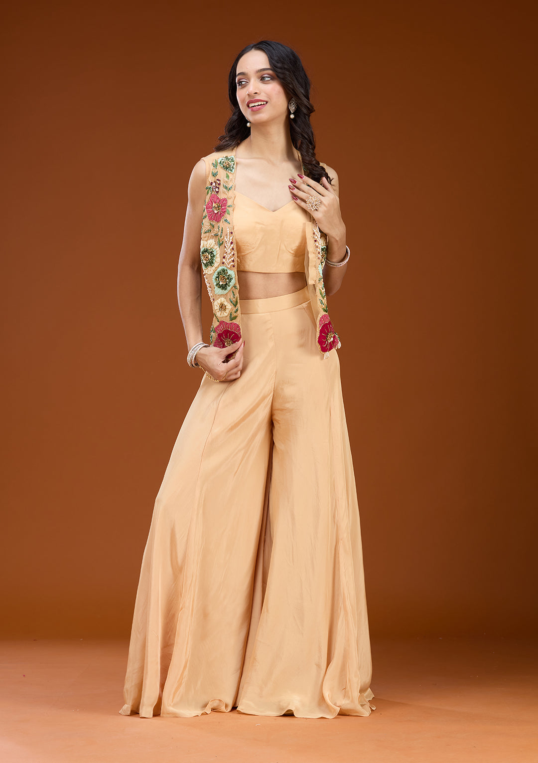 Beige Georgette Threadwork Straight Kurta With Sharara And Dupatta