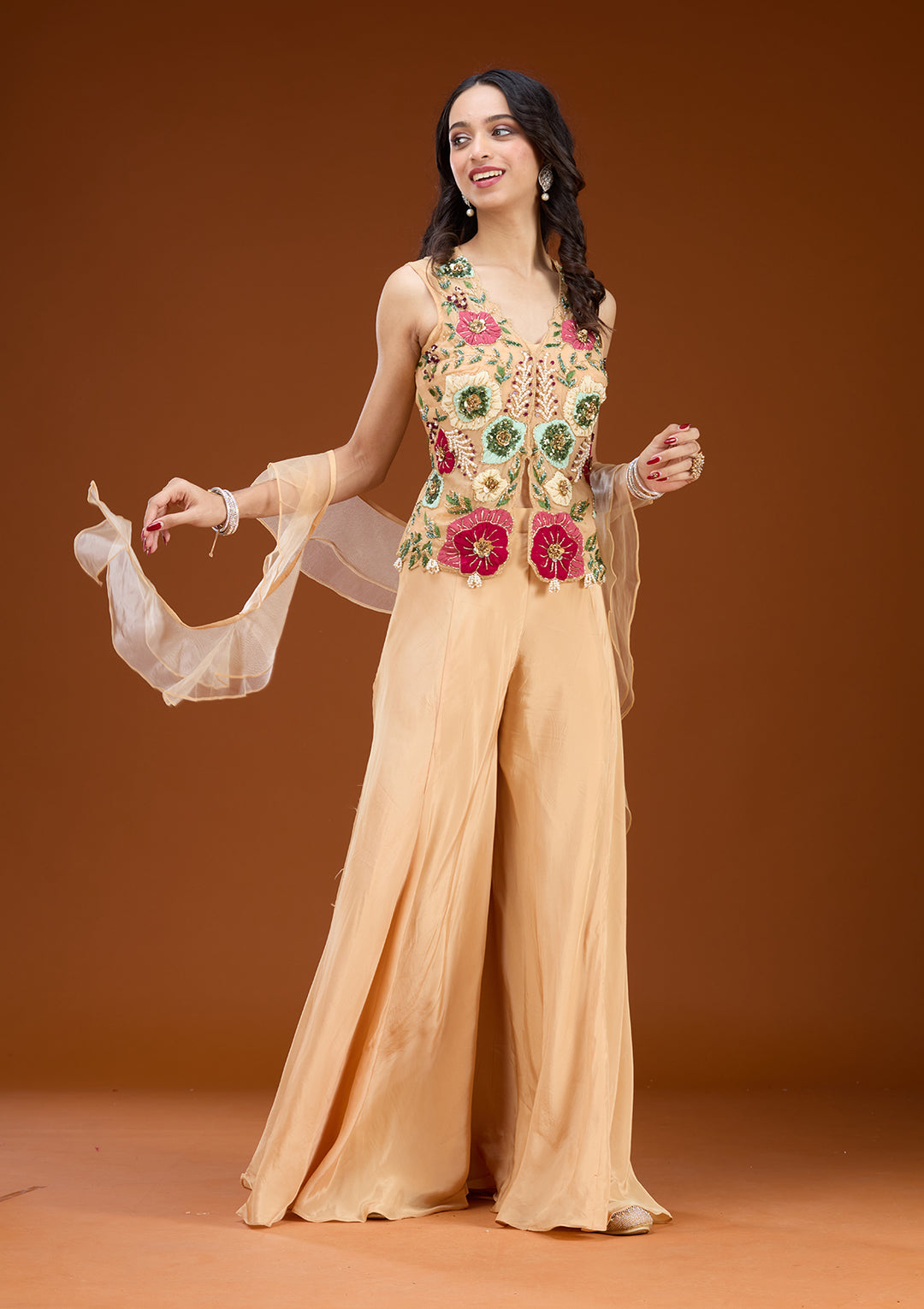 Beige Georgette Threadwork Straight Kurta With Sharara And Dupatta