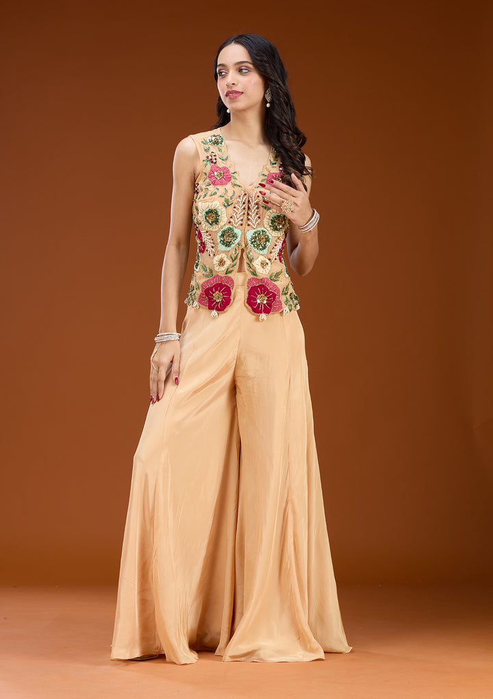 Beige Georgette Threadwork Straight Kurta With Sharara And Dupatta