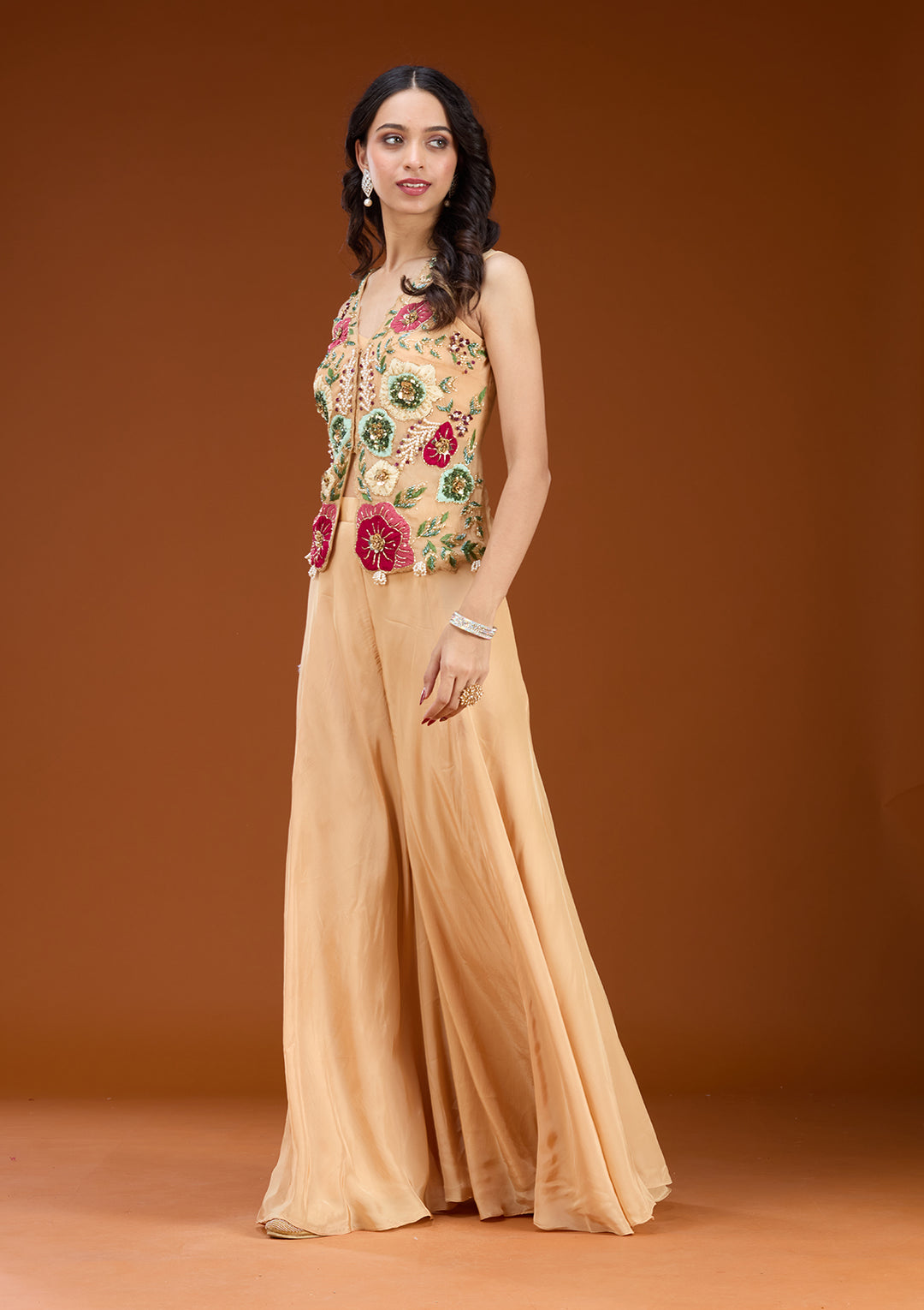 Beige Georgette Threadwork Straight Kurta With Sharara And Dupatta