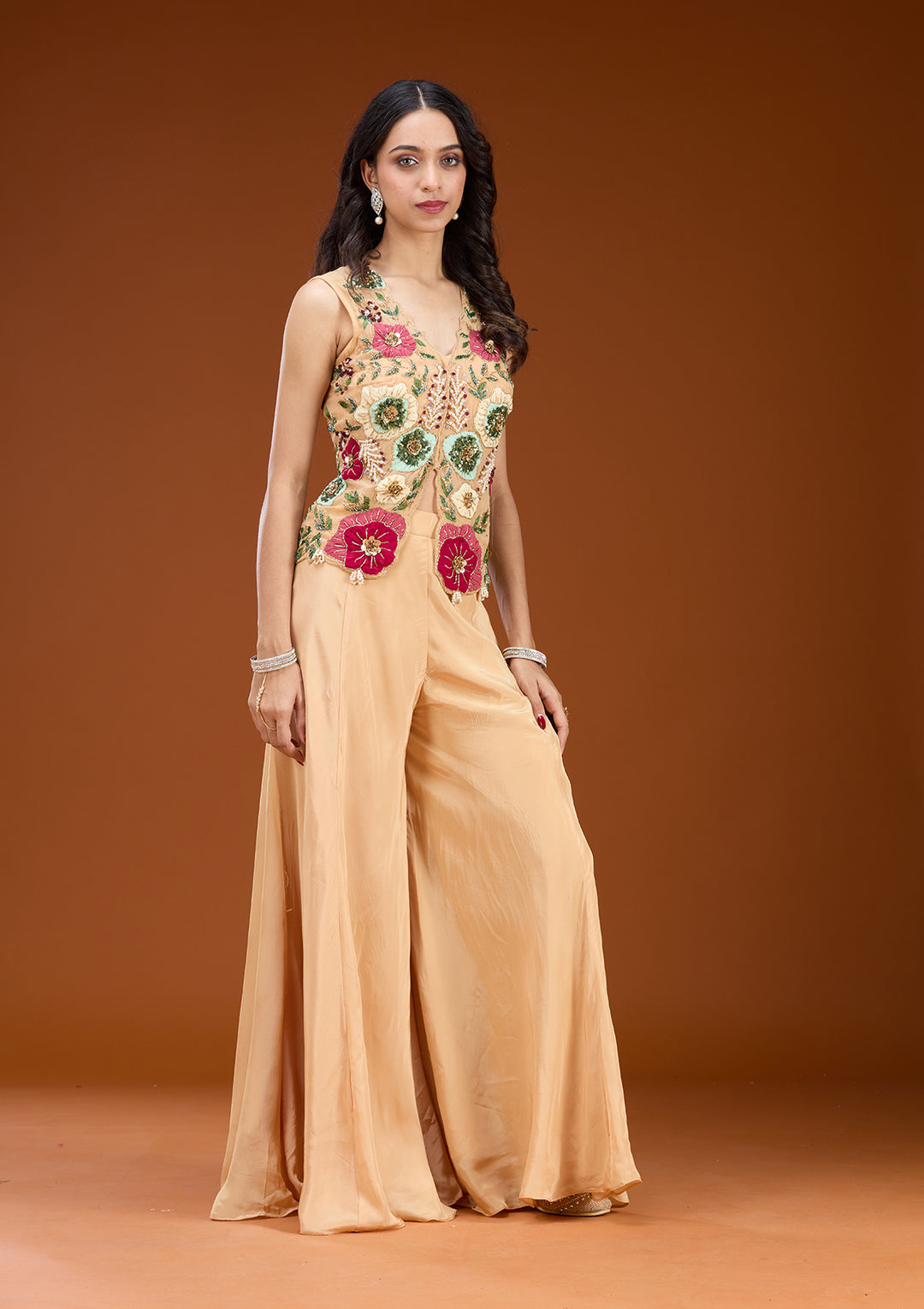 Beige Georgette Threadwork Straight Kurta With Sharara And Dupatta