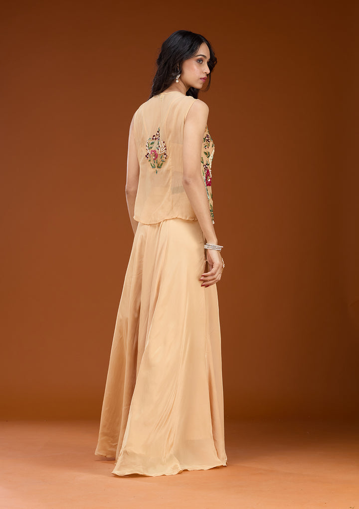 Beige Georgette Threadwork Straight Kurta With Sharara And Dupatta