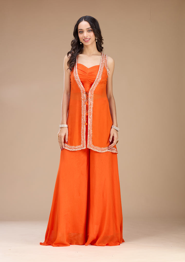 Orange Georgette Cutdana Jacket Kurta With Sharara And Dupatta