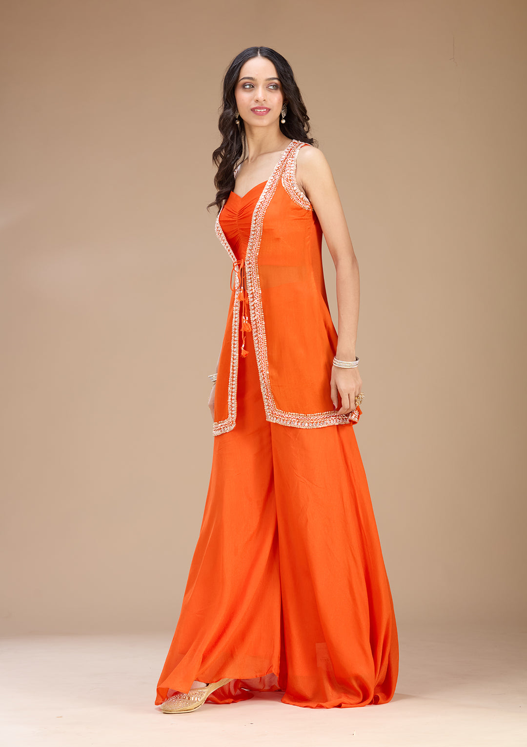 Orange Georgette Cutdana Jacket Kurta With Sharara And Dupatta