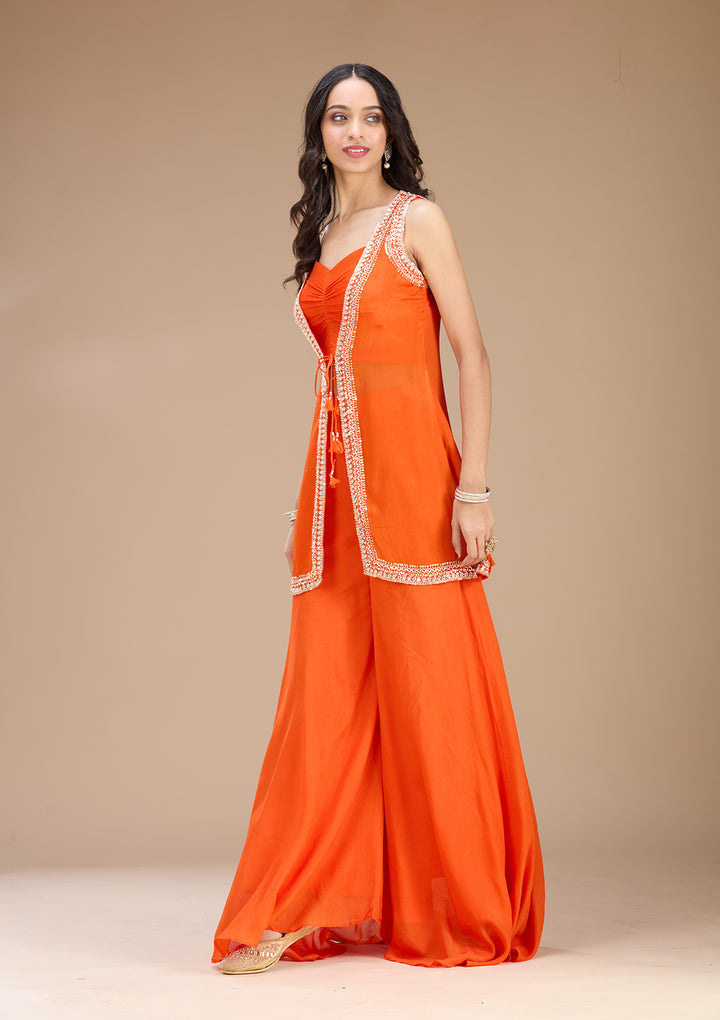 Orange Georgette Cutdana Jacket Kurta With Sharara And Dupatta