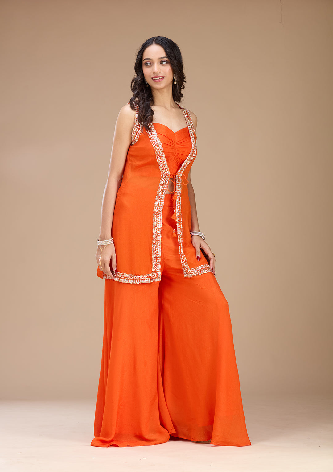 Orange Georgette Cutdana Jacket Kurta With Sharara And Dupatta