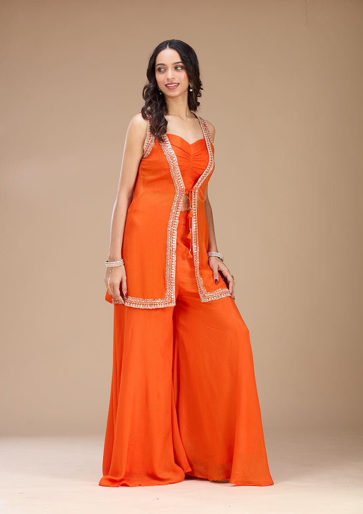 Orange Georgette Cutdana Jacket Kurta With Sharara And Dupatta