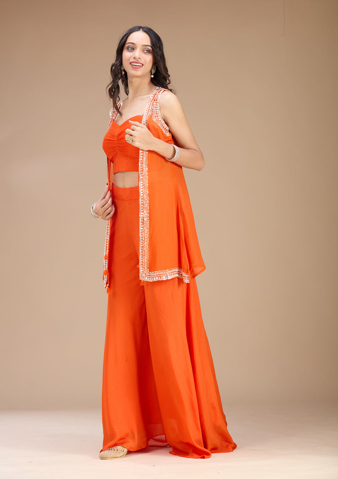 Orange Georgette Cutdana Jacket Kurta With Sharara And Dupatta