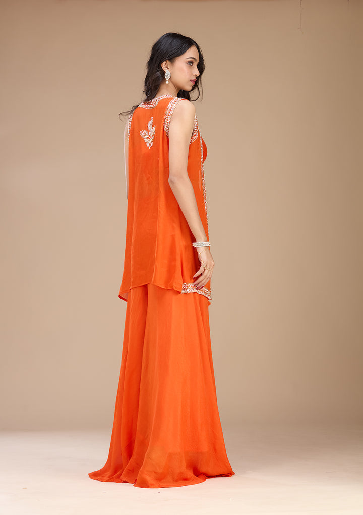 Orange Georgette Cutdana Jacket Kurta With Sharara And Dupatta