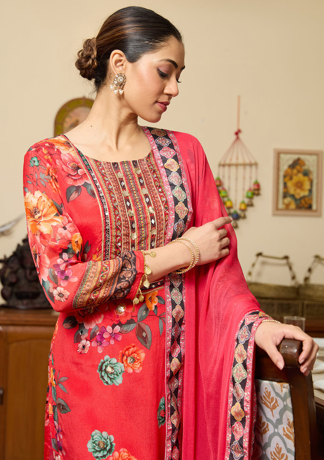 Red Mirrorwork Crepe Readymade Salwar Suit