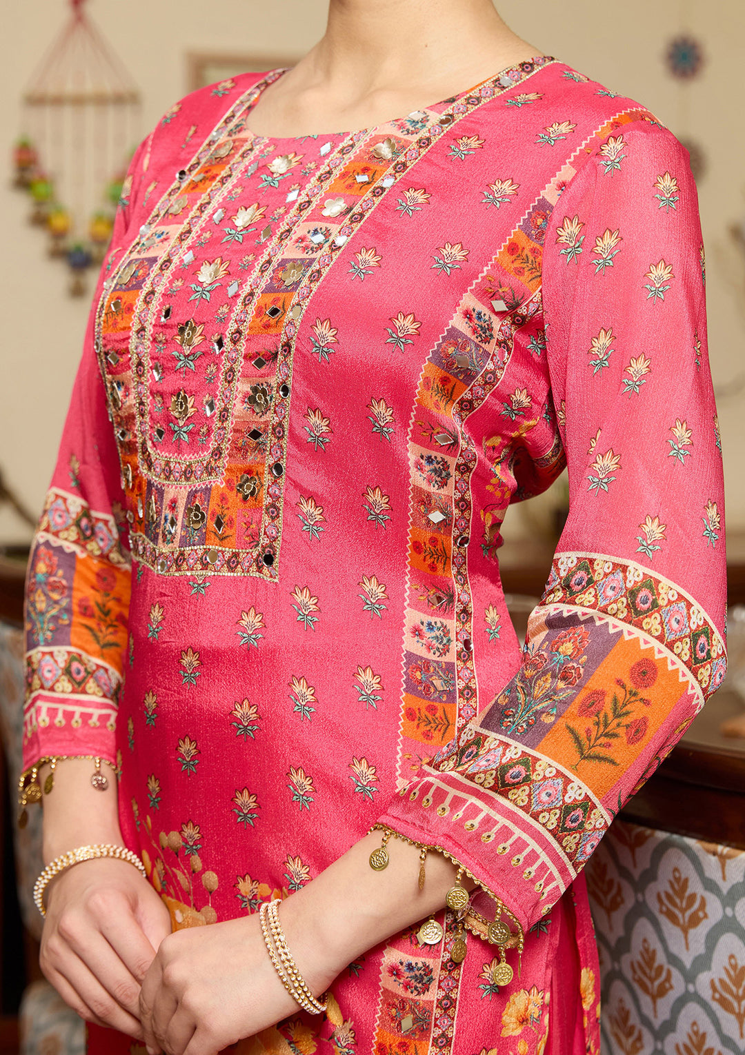 Rani Pink Mirrorwork Crepe Readymade Salwar Suit
