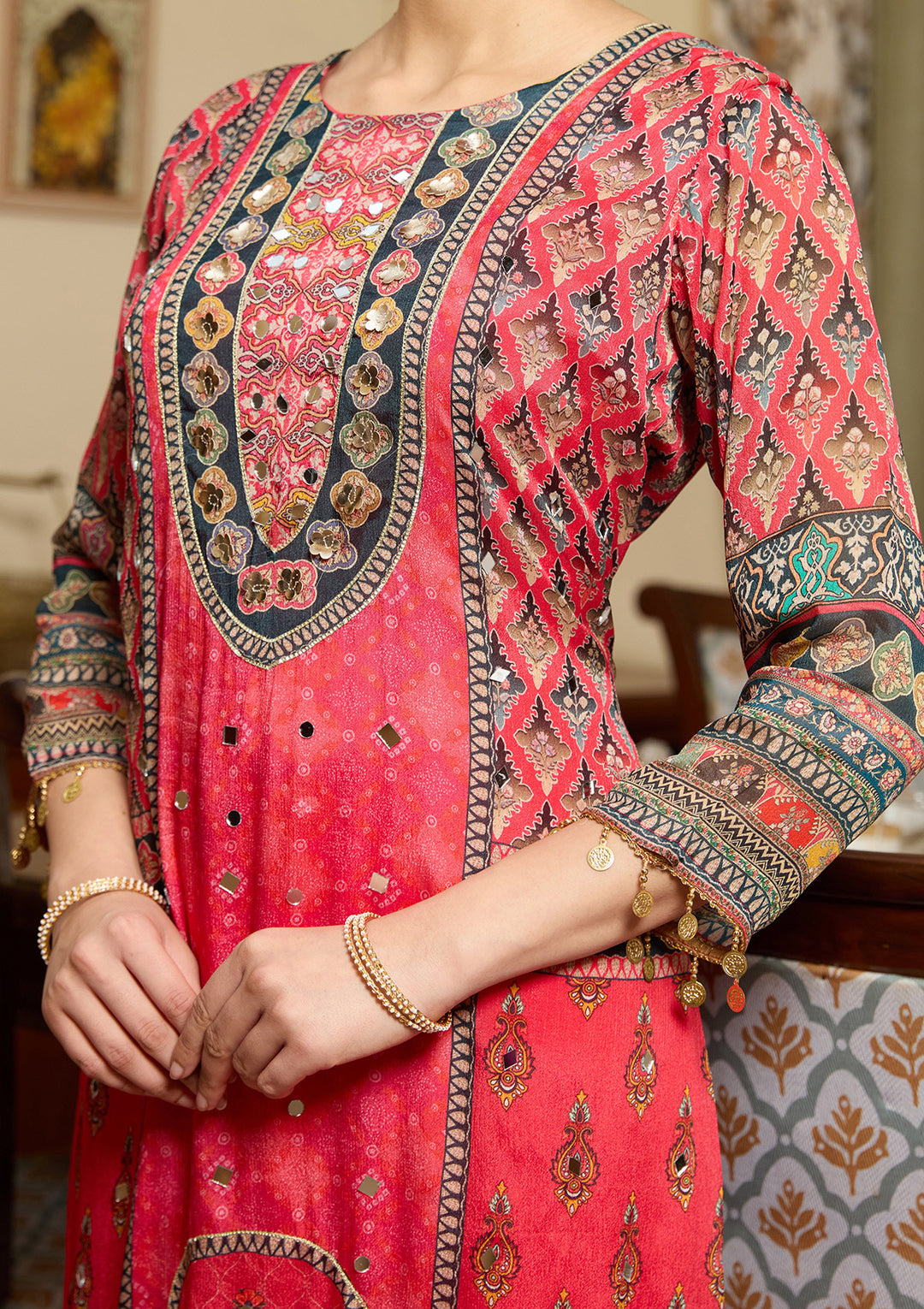 Pink Mirrorwork Crepe Readymade Salwar Suit