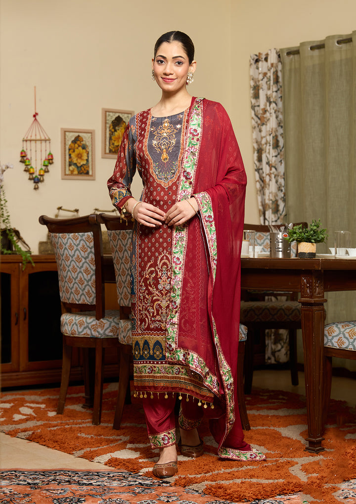Brown Mirrorwork Crepe Readymade Salwar Suit