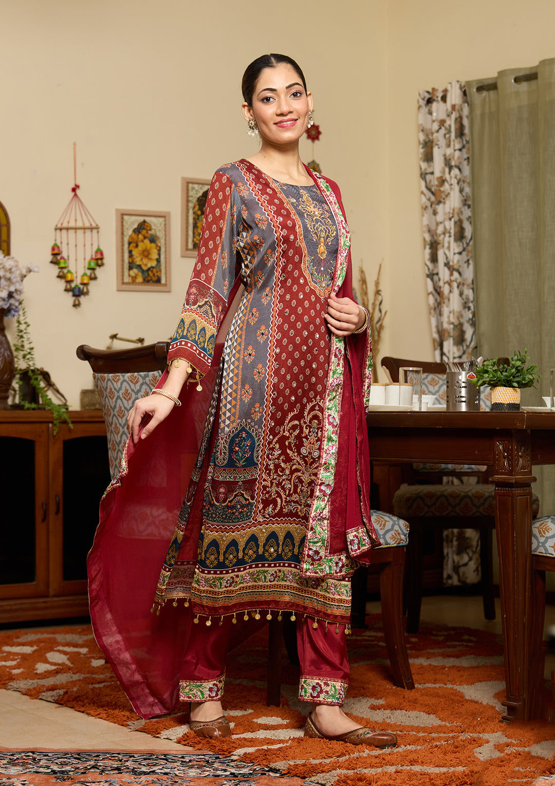 Brown Mirrorwork Crepe Readymade Salwar Suit
