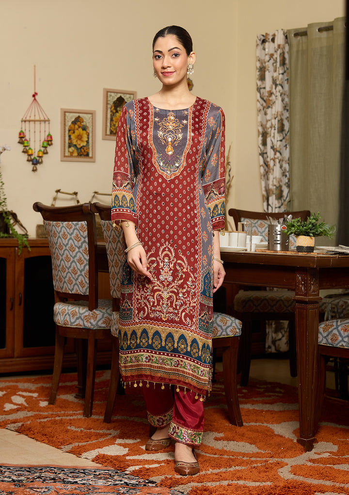 Brown Mirrorwork Crepe Readymade Salwar Suit