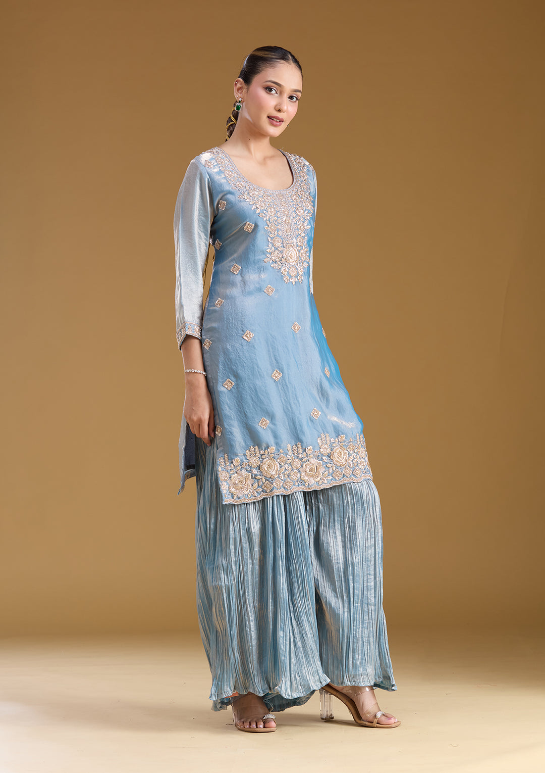 Blue Threadwork Tissue Readymade Salwar Suit