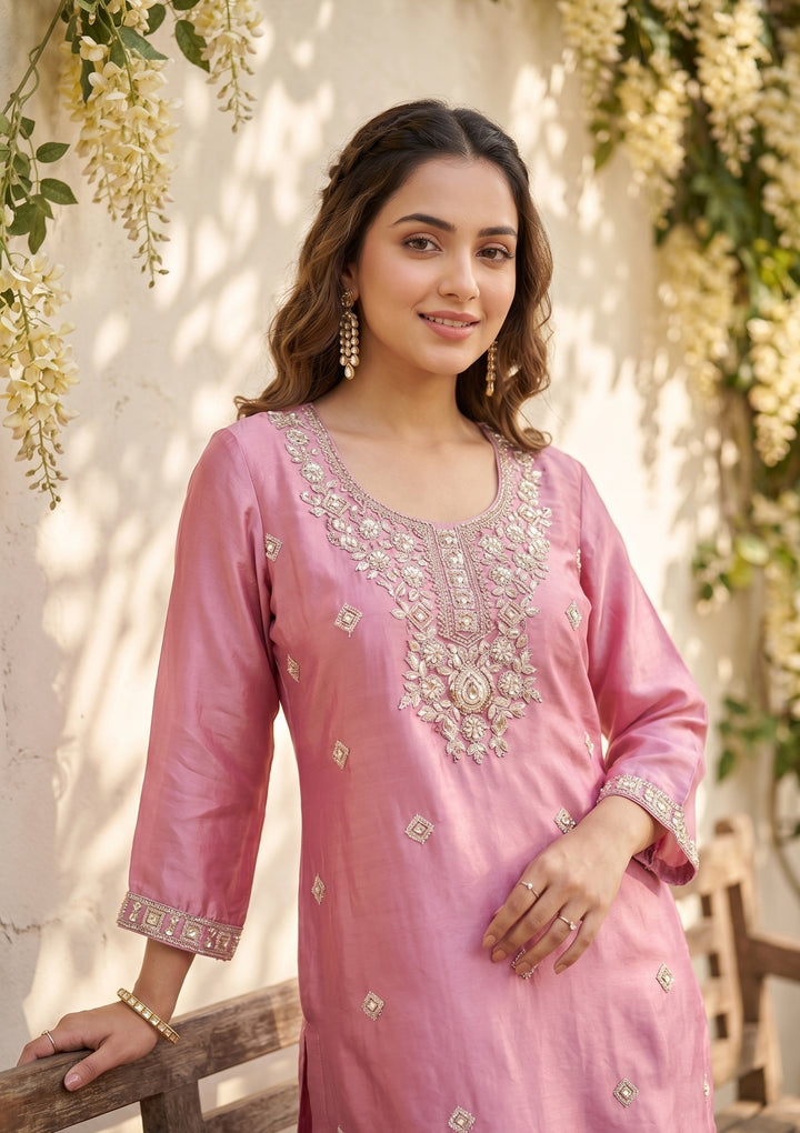 Onion Pink Zariwork (Gold) Tissue Readymade Salwar Suit