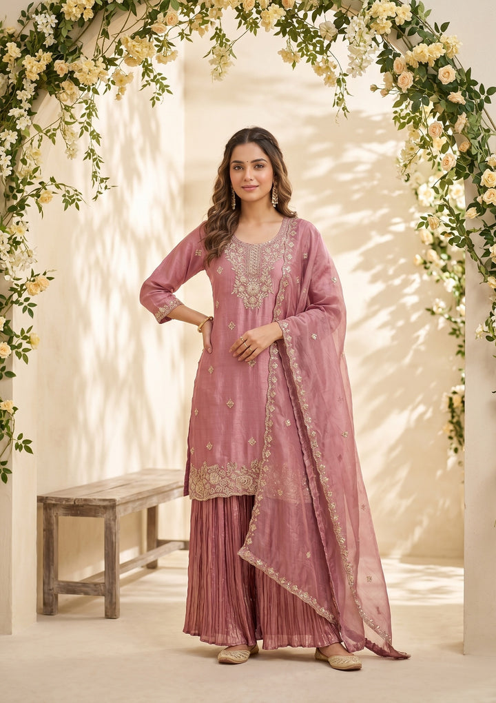 Onion Pink Zariwork (Gold) Tissue Readymade Salwar Suit