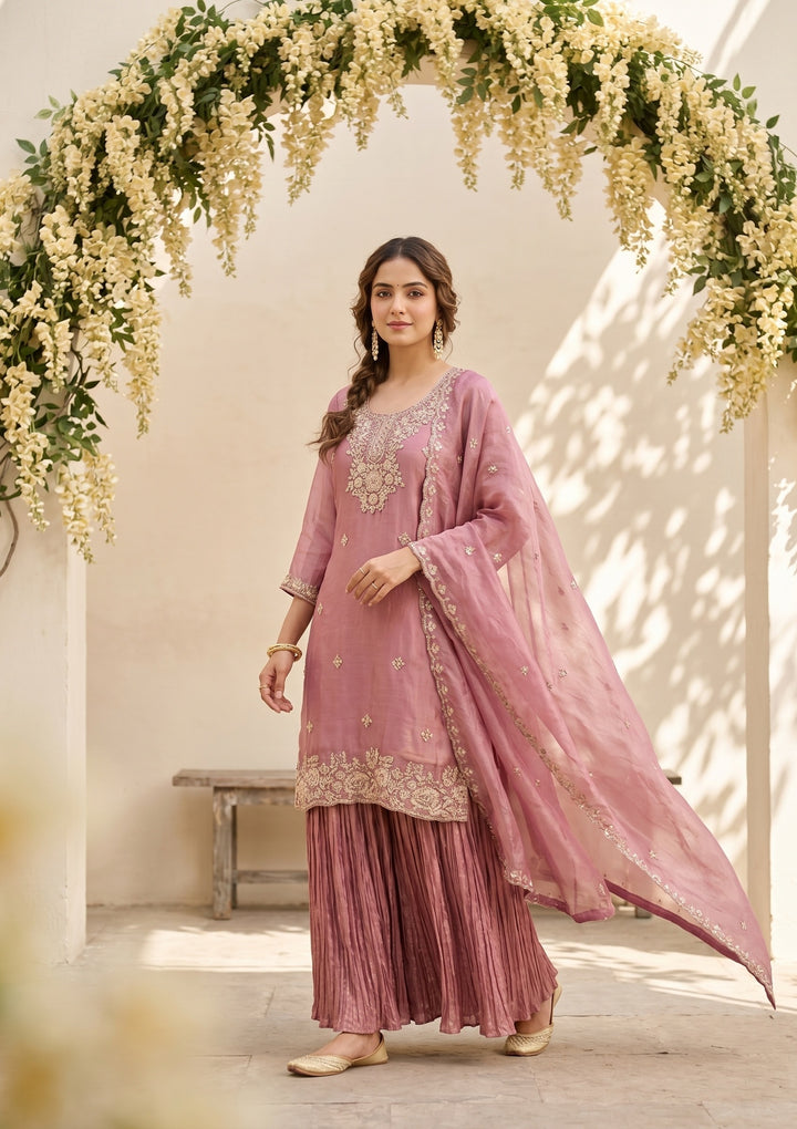 Onion Pink Zariwork (Gold) Tissue Readymade Salwar Suit
