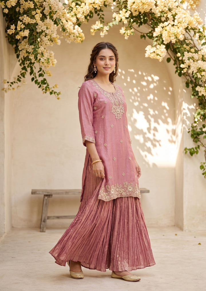 Onion Pink Zariwork (Gold) Tissue Readymade Salwar Suit
